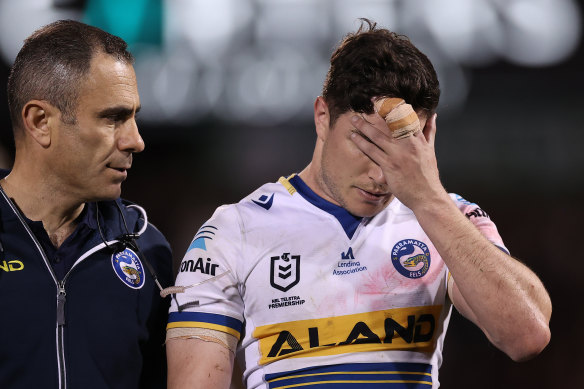 Paramatta’s Mitchell Moses after a serious concussion.