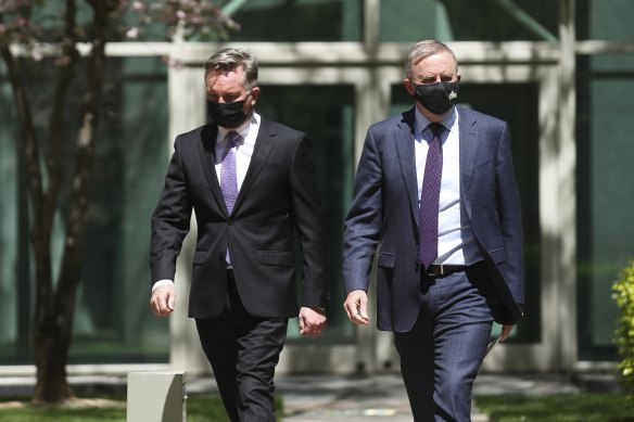 Labor’s climate change and energy spokesman Chris Bowen and Opposition Leader Anthony Albanese arrive for a press conference interview at Parliament House earlier.