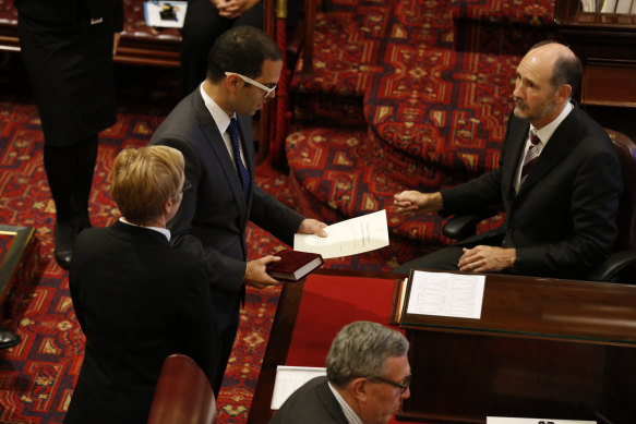 Daniel Mookhey in May 2015, when he became the first MP to be sworn into an Australian parliament on
the Hindu religious text Bhagavad Gita.