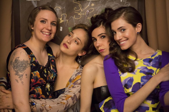 Lena Dunham as Hannah Horvath, Jemima Kirke as Jessa Johansson, Zosia Mamet as Shoshanna Shapiro and Allison Williams as Marnie Michaels in Girls.