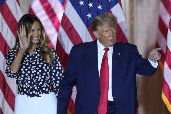 Melania on stage with Donald after the launch of his re-election campaign at Mar-a-Lago in November last year.
