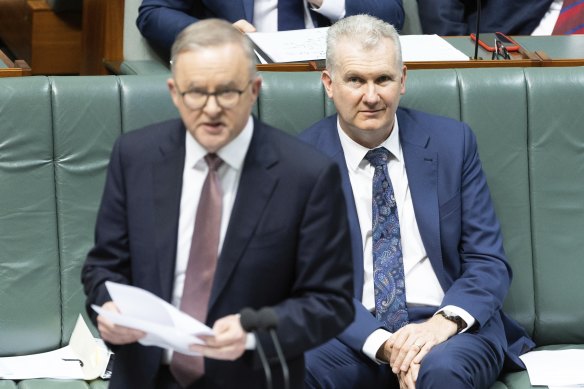 Prime Minister Anthony Albanese and Minister for Employment and Workplace Relations Tony Burke during Question Time at Parliament House.