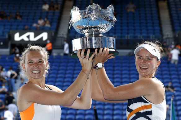 Katerina Siniakova (left) has ended her successful partnership with fellow Czech  Barbora Krejcikova (right) and will now team up with Australian Storm Hunter.