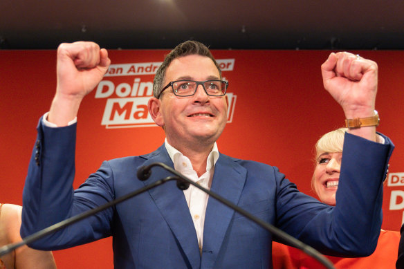 Daniel Andrews celebrates during his victory speech on Saturday night.