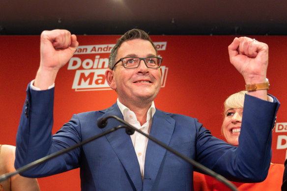 Victorian Premier Daniel Andrews celebrates during his victory speech.