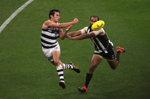 Sam Simpson in action against the Pies earlier this season.