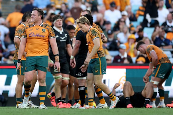 The Wallabies react during their loss in Sydney.