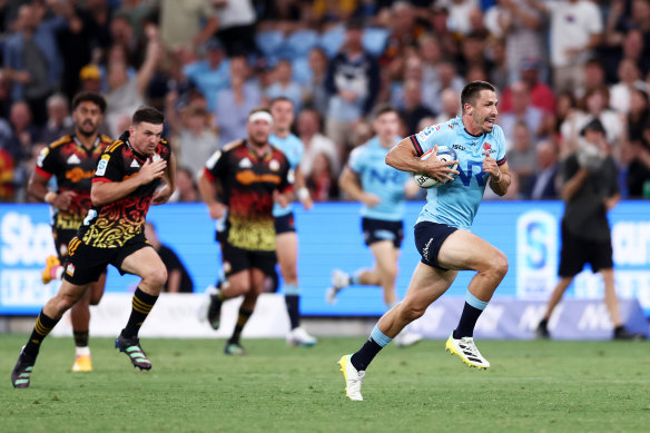 Jake Gordon races away to score an intercept try.