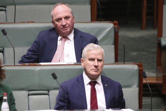 Barnaby Joyce (back) and Michael McCormack during debate in the House of Representatives in June June 2021.