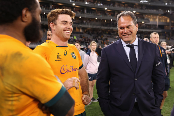 Winners are grinners: Andrew Kellaway and Dave Rennie after the match in Perth. 