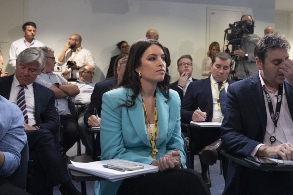 Journalist Olivia Caisley during a press conference at Parliament House on Wednesday.