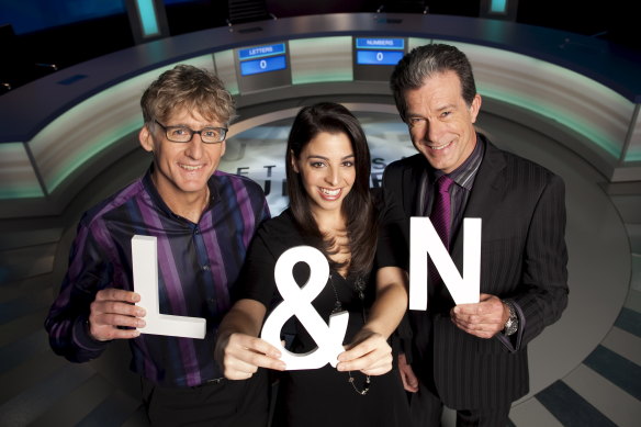 Early days: The original Letters and Numbers line-up in 2011 (from left) David Astle, Lily Serna and host Richard Morecroft.