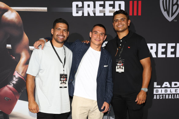 Tim Tszyu with Rabbitohs stars Cody Walker and Latrell Mitchell.