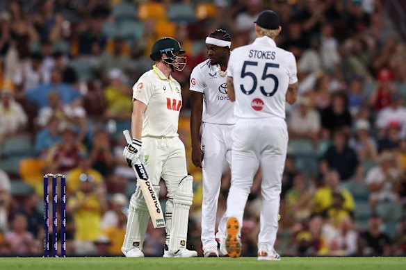 Late fight: Steve Smith exchanges words with Jofra Archer.