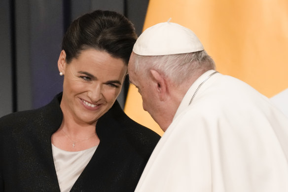Then-Hungarian president Katalin Novak with Pope Francis in April 2023.
