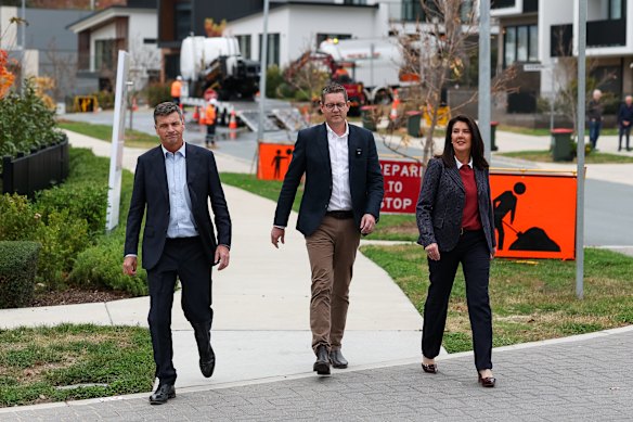 Angus Taylor, deputy Liberal leader Jane Hume and ACT Liberal Senate candidate Nick Tyrrell visit a new Canberra housing estate.