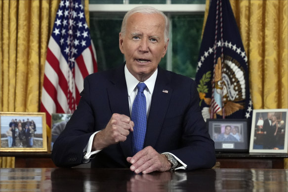 President Joe Biden addresses the nation from the White House Oval Office on Wednesday (Thursday AEST).