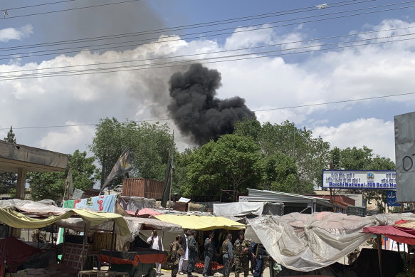 Smokes rises from a hospital after an attack by militants in Kabul, Afghanistan.