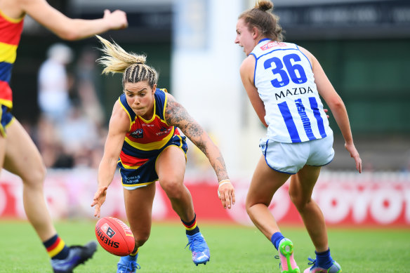 Adelaide’s Anne Hatchard takes on  Brooke Brown of the Roos.