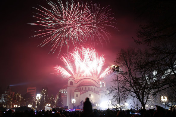 Fireworks illuminate the sky over St Sava temple in Belgrade, Serbia, on January 14, 2019, where Orthodox Christians celebrate New Year according to the Julian calendar. 