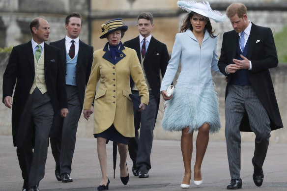 (From right) Prince Harry, Lady Frederick Windsor, Princess Anne, and Prince Edward arrive for the wedding of Lady Gabriella Windsor and Thomas Kingston at St George’s Chapel, Windsor Castle in May 2019.
