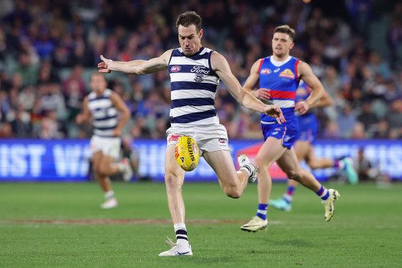 Jeremy Cameron started on the wing at centre bounces occasionally against the Western Bulldogs