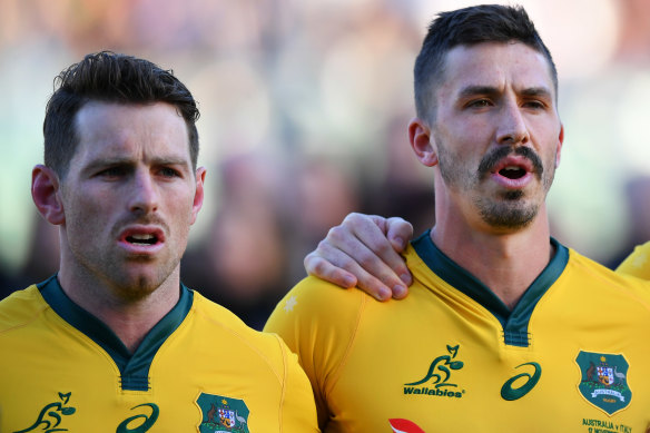 Bernard Foley and Jake Gordon before Australia’s Test against Italy in 2018.