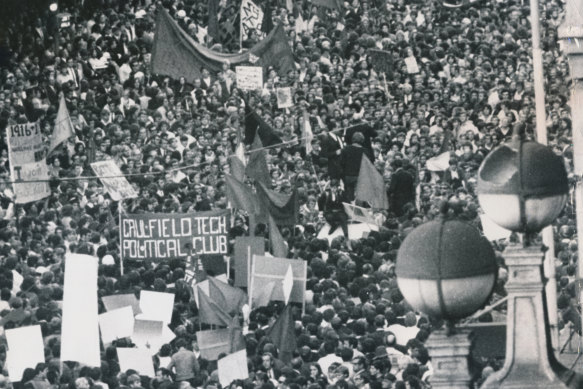 Anti-Vietnam War protesters sit down outside Myer on Bourke Street in 1970.