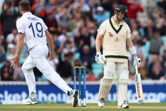 Chris Woakes gets Steve Smith on the final day of the Ashes series.