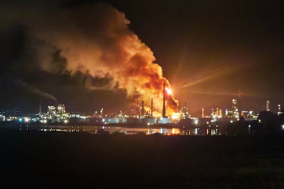 The fire at the Corio refinery overnight.