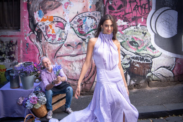 Fashion takes to the streets. Stylist: Peggy Jackson. Model: Lulu, Chadwick Models. Flower seller: Geoff Field. Props: Anne Brown. Makeup artist:   Amber de Bruyn. Location: Higson Lane, Melbourne.