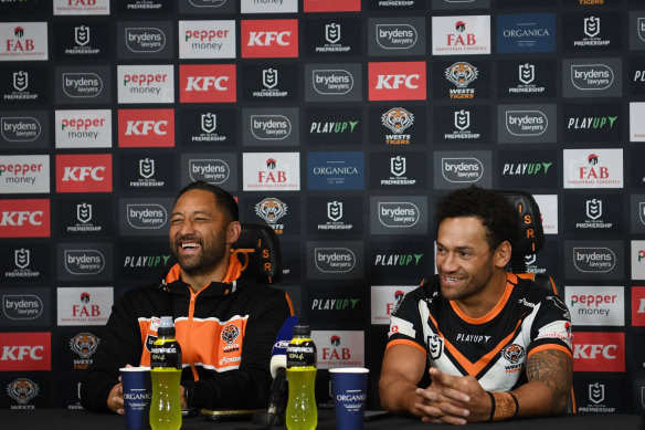 Benji Marshall and Api Koroisau celebrate a job well done in a rare victory this year.
