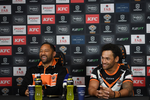 Benji Marshall and Api Koroisau celebrate a job well done.