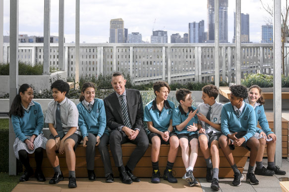 Prahran High School principal Nathan Chisholm and his students.