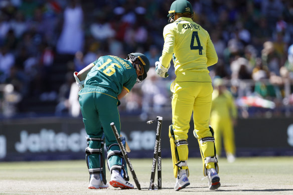 South Africa’s Keshav Maharaj is bowled.