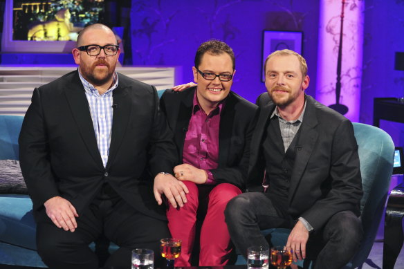 Alan Carr (centre) on his show Alan Carr: Chatty Man with Nick Frost and Simon Pegg.