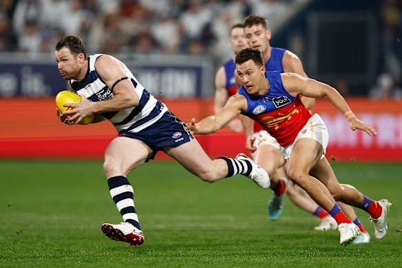 Dangerfield is known for his explosive bursts. The Cats play Brisbane in Friday night’s qualifying final.
