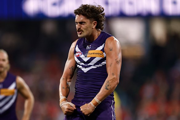 Luke Jackson of the Dockers celebrates a goal.