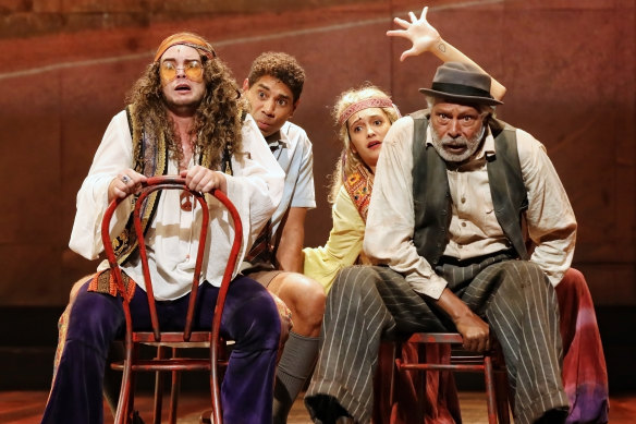 Callan Purcell as Slippery, Marcus Corowa as Willie, Danielle Sibosado as Marijuana Annie and Ernie Dingo as Uncle Tadpole in the Opera Conference production of Bran Nue Dae.