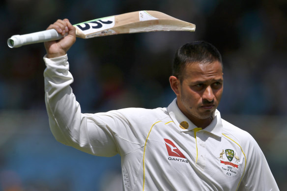 Usman Khawaja celebrates a century in Karachi in March.