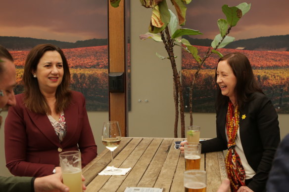 Queensland Premier Annastacia Palaszczuk and Health Minister Yvette D’Ath enjoy a drink after a COVID-19 update at the Regatta Hotel in Brisbane last week.