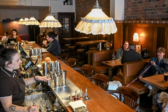 Frilly pendant lights above the bar.