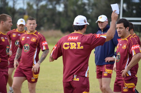 Todd Carney, left, and Jarrod Mullen, right, during Country Origin training in 2012.