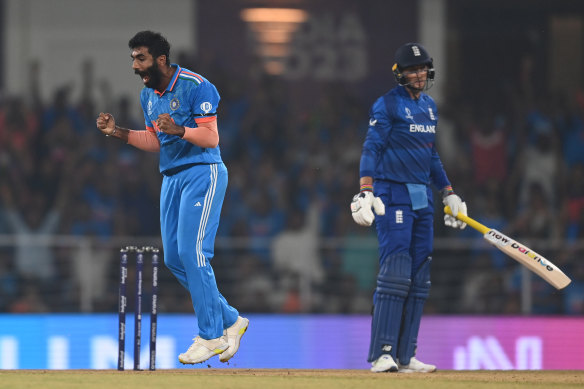 Indian paceman Jasprit Bumrah celebrates taking Joe Root’s wicket in their big win over England.
