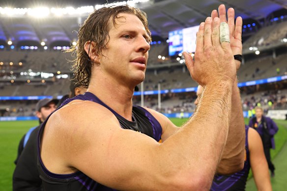 Fitting farewell: Nat Fyfe of the Dockers acknowledges the fans in round 14.