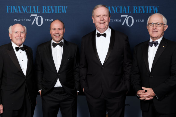 Former prime minister John Howard, current Treasurer Josh Frydenberg, ex-treasurer Peter Costello, and former PM Malcolm Turnbull  at the Australian Financial Review Business Summit 2022 in March.