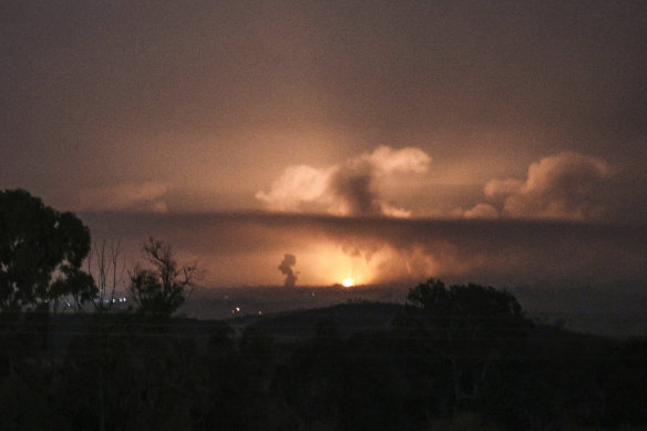 A view of an explosion in Gaza seen from Sderot in southern Israel on October 27, 2023. 