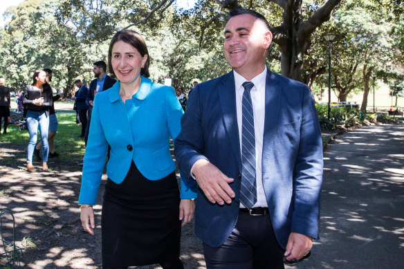 Premier Gladys Berejiklian and Deputy Premier John Barilaro at a press conference to announce their new cabinet after the state election in March 2019.