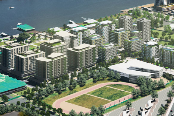 An artist’s impression of the proposed athletes’ village for the 2032 Brisbane Olympic Games at Hamilton Northshore.