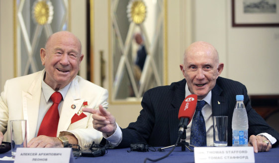 Leonov (left) and Stafford reunite at a media event in Moscow, 2010.